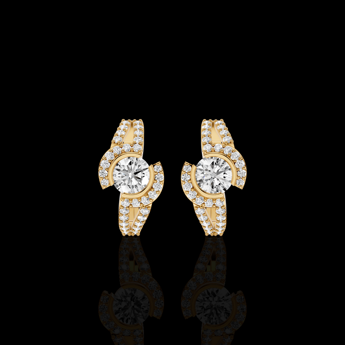 Elegant Round Diamond Earrings, Modern Curved Pavé Stud Earrings for Women, Luxury Look Fine Jewelry