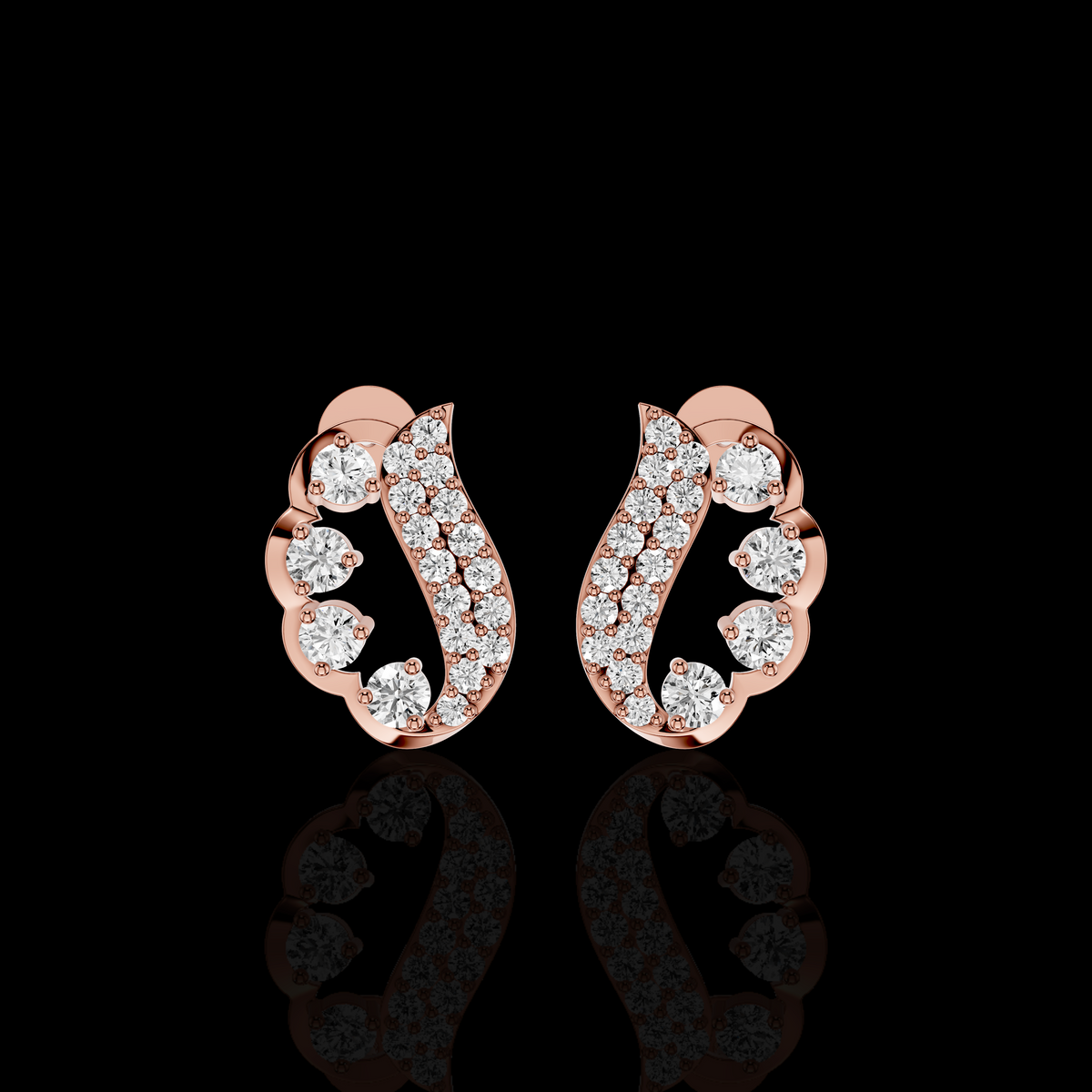 Curved Diamond Stud Earrings, Statement Earrings, Round Stone Pave Bridal Jewelry