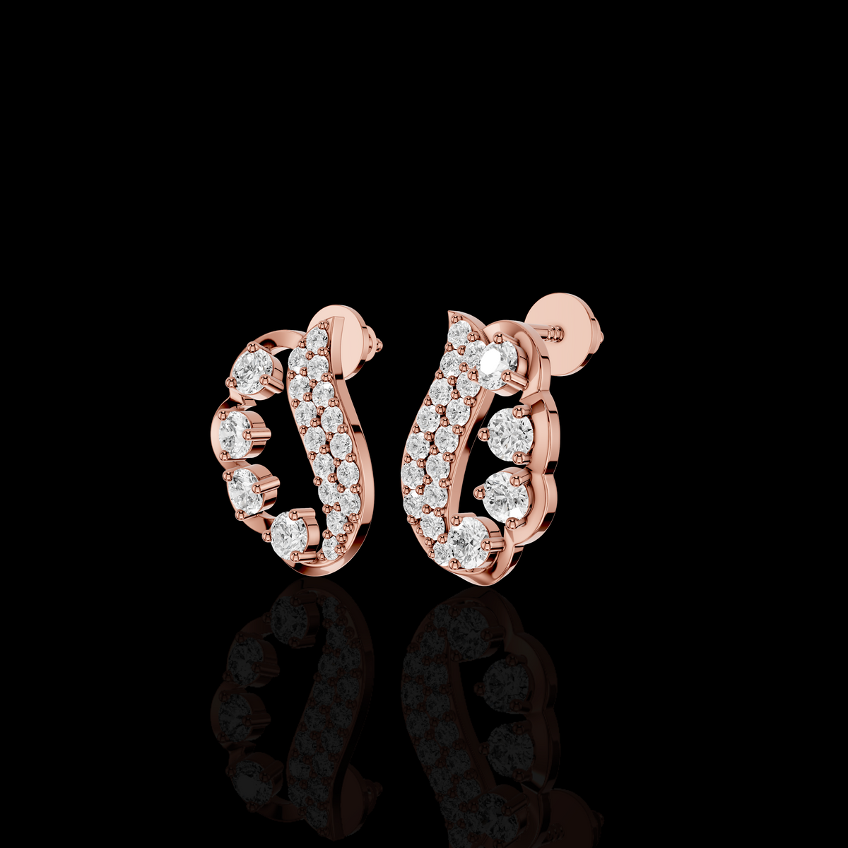 Curved Diamond Stud Earrings, Statement Earrings, Round Stone Pave Bridal Jewelry