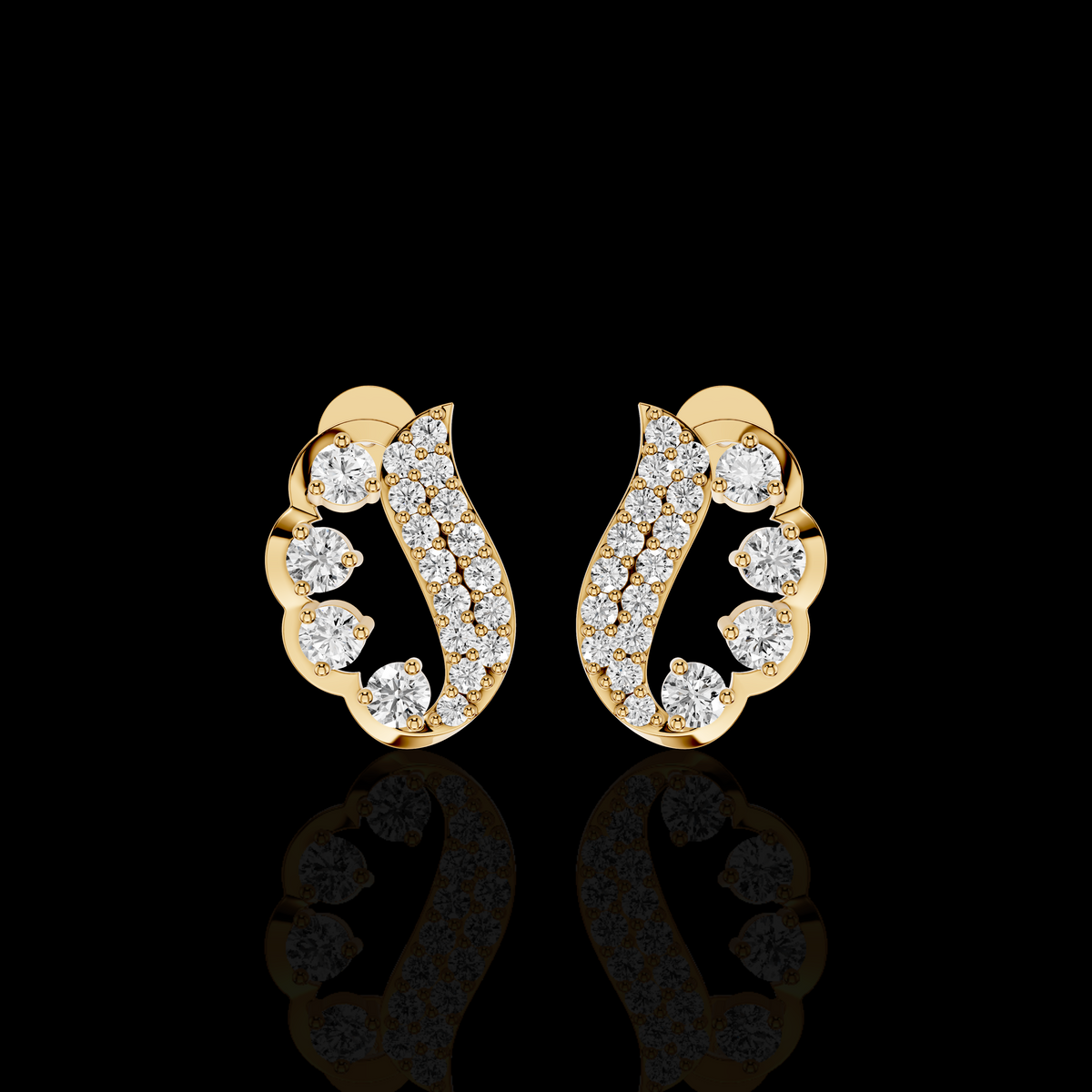 Curved Diamond Stud Earrings, Statement Earrings, Round Stone Pave Bridal Jewelry