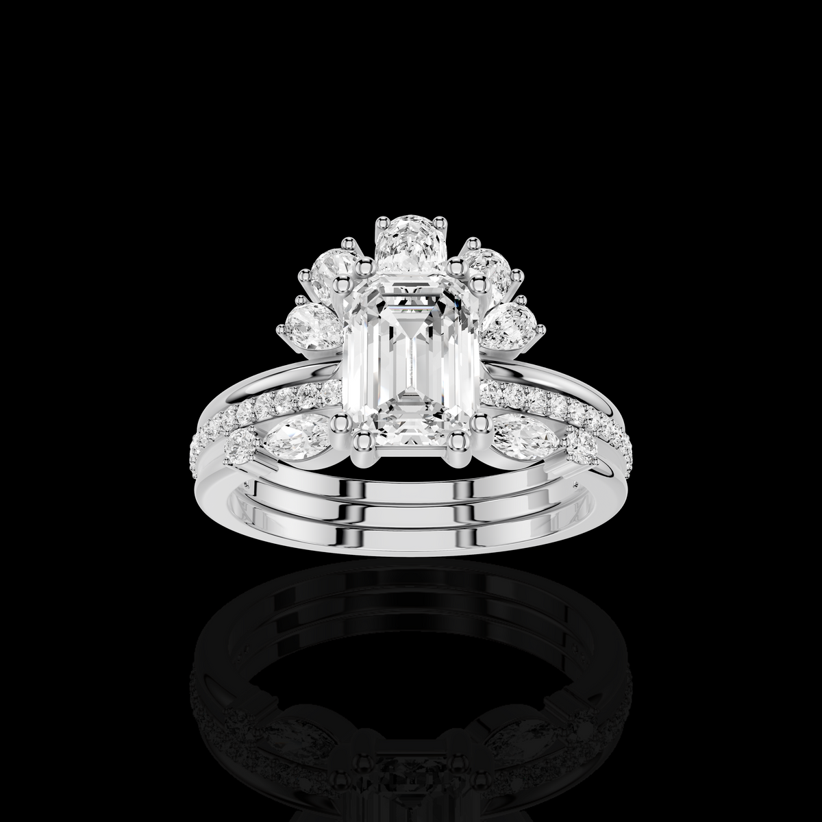 Emerald Cut Diamond Ring Set, Floral Halo Engagement Ring, Pave Bridal Wedding Band, Luxury Three Piece Bridal Jewelry