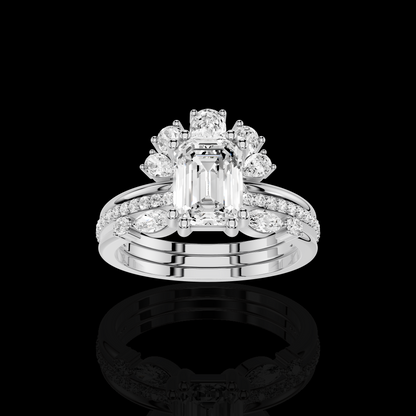Emerald Cut Diamond Ring Set, Floral Halo Engagement Ring, Pave Bridal Wedding Band, Luxury Three Piece Bridal Jewelry
