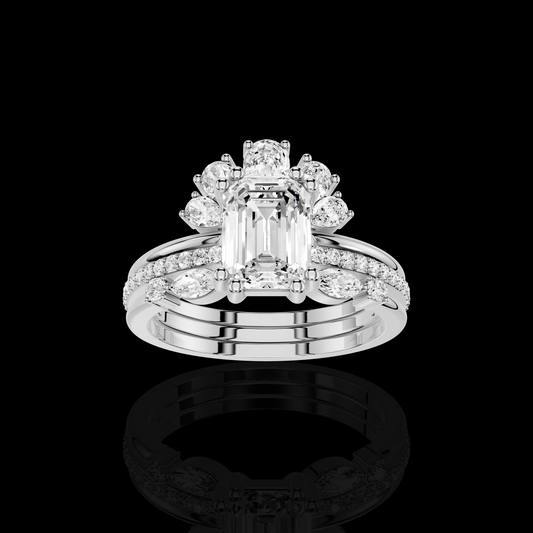 Emerald Cut Diamond Ring Set, Floral Halo Engagement Ring, Pave Bridal Wedding Band, Luxury Three Piece Bridal Jewelry