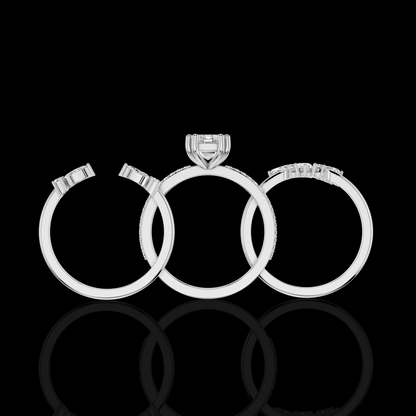 Emerald Cut Diamond Ring Set, Floral Halo Engagement Ring, Pave Bridal Wedding Band, Luxury Three Piece Bridal Jewelry