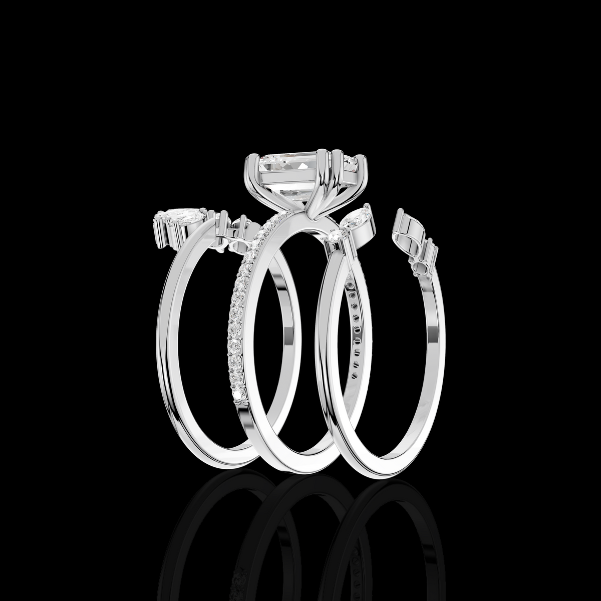 Emerald Cut Diamond Ring Set, Floral Halo Engagement Ring, Pave Bridal Wedding Band, Luxury Three Piece Bridal Jewelry
