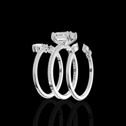 Emerald Cut Diamond Ring Set, Floral Halo Engagement Ring, Pave Bridal Wedding Band, Luxury Three Piece Bridal Jewelry