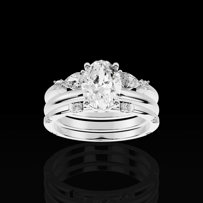 Oval Cut Engagement Ring Set, Floral Accent Bridal Ring, Three Piece Wedding Ring Set