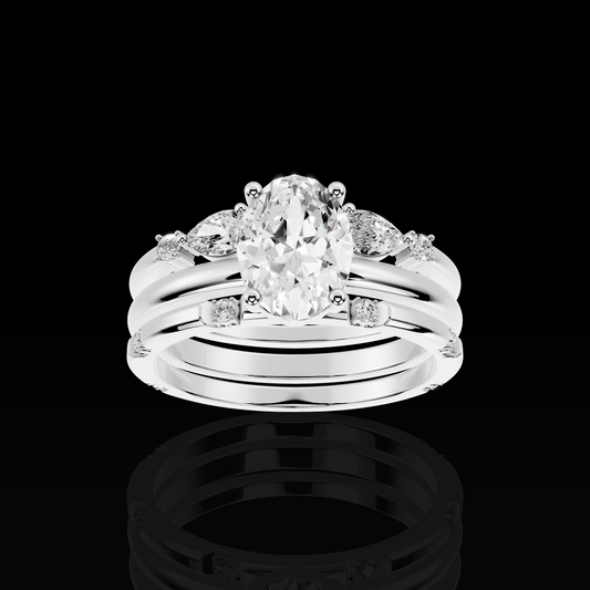 Oval Cut Engagement Ring Set, Floral Accent Bridal Ring, Three Piece Wedding Ring Set