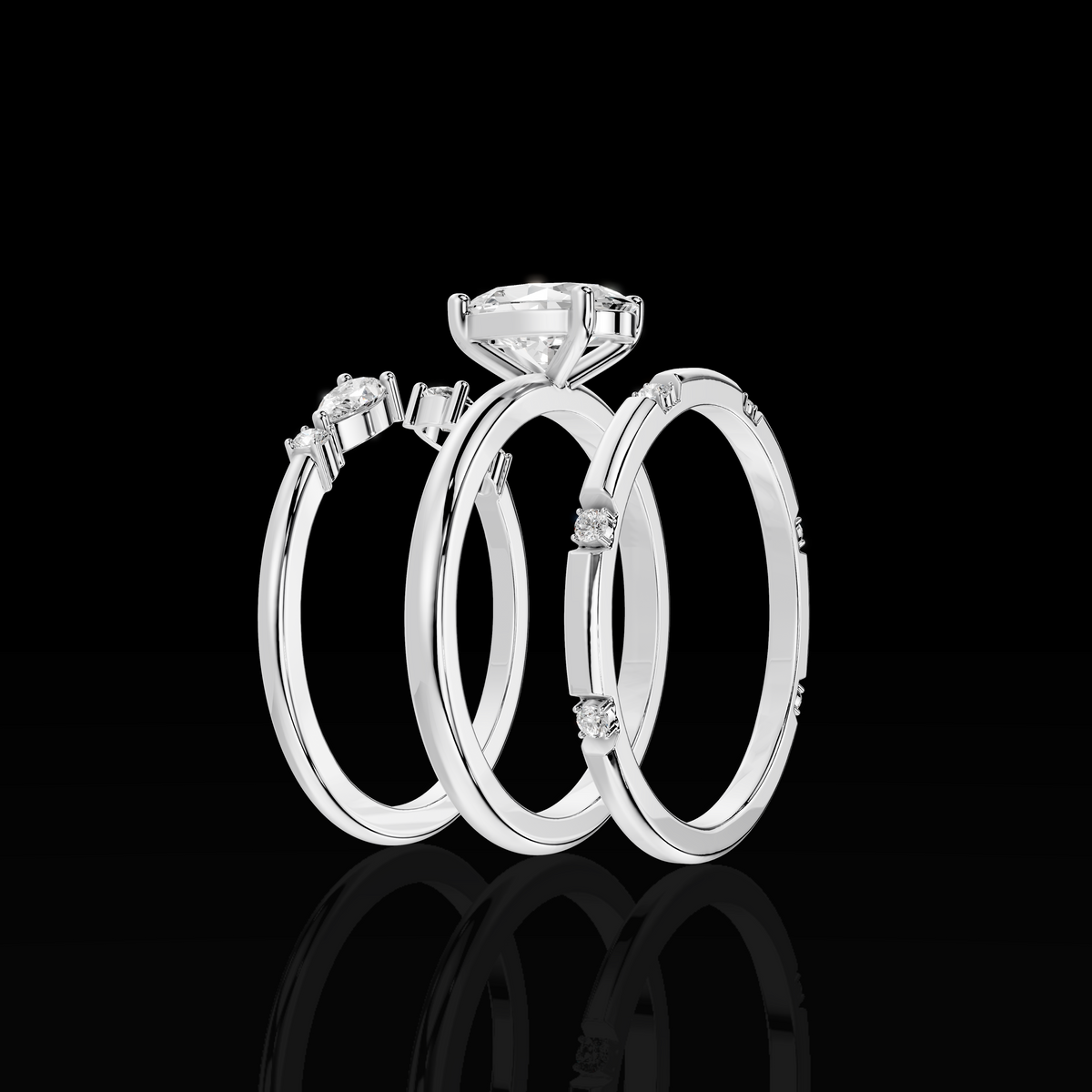 Oval Cut Engagement Ring Set, Floral Accent Bridal Ring, Three Piece Wedding Ring Set