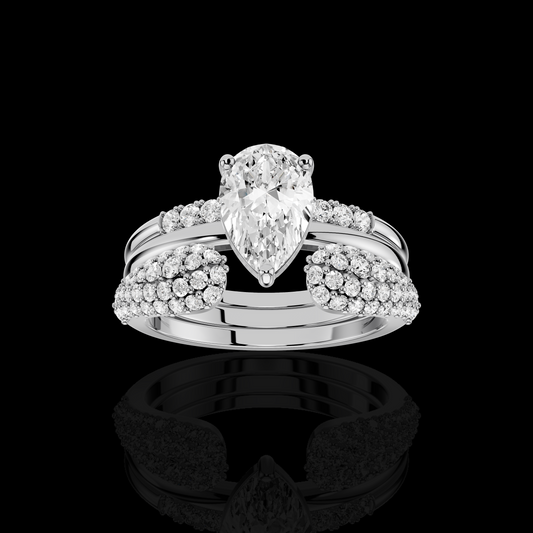 Pear Shaped Engagement Ring, Pave Split Shank Ring, Cluster Accent Bridal Ring, Elegant Statement Ring