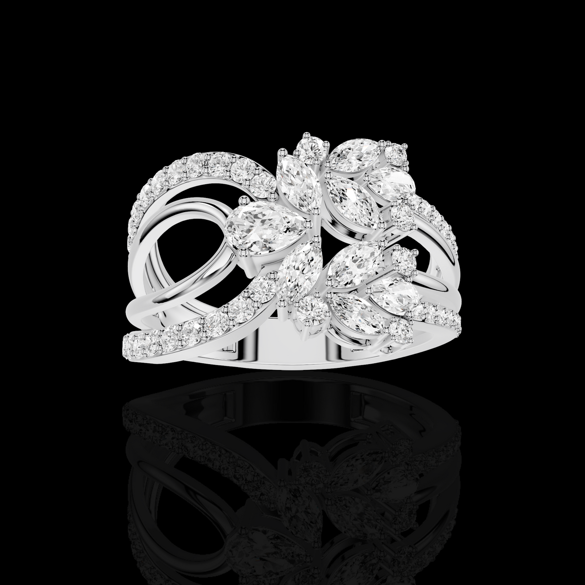 Floral Marquise Diamond Ring, Leaf Cluster Statement Ring, Pave Split Band Ring, Elegant Bridal Jewelry