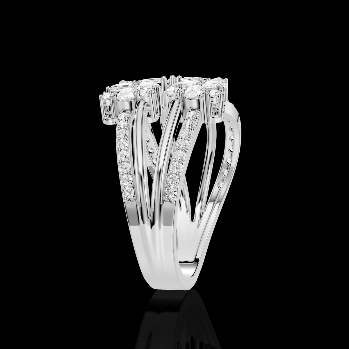 Floral Marquise Diamond Ring, Leaf Cluster Statement Ring, Pave Split Band Ring, Elegant Bridal Jewelry