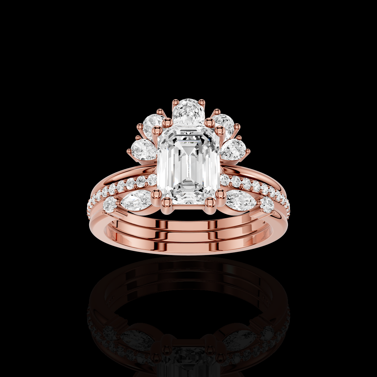 Emerald Cut Diamond Ring Set, Floral Halo Engagement Ring, Pave Bridal Wedding Band, Luxury Three Piece Bridal Jewelry