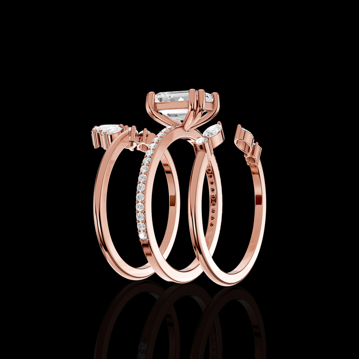 Emerald Cut Diamond Ring Set, Floral Halo Engagement Ring, Pave Bridal Wedding Band, Luxury Three Piece Bridal Jewelry