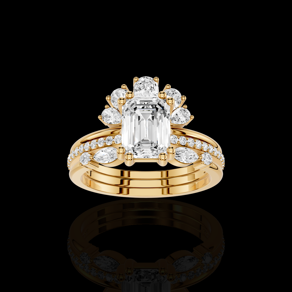 Emerald Cut Diamond Ring Set, Floral Halo Engagement Ring, Pave Bridal Wedding Band, Luxury Three Piece Bridal Jewelry