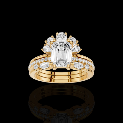 Emerald Cut Diamond Ring Set, Floral Halo Engagement Ring, Pave Bridal Wedding Band, Luxury Three Piece Bridal Jewelry