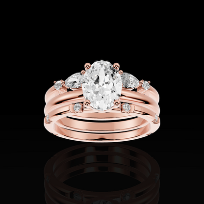 Oval Cut Engagement Ring Set, Floral Accent Bridal Ring, Three Piece Wedding Ring Set
