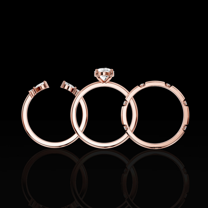 Oval Cut Engagement Ring Set, Floral Accent Bridal Ring, Three Piece Wedding Ring Set