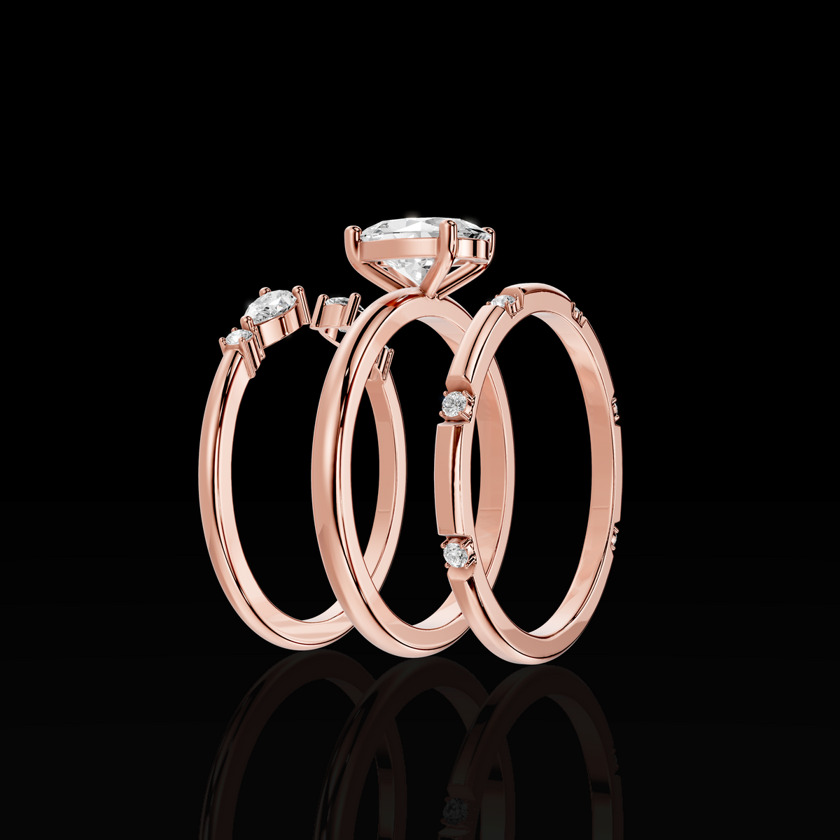 Oval Cut Engagement Ring Set, Floral Accent Bridal Ring, Three Piece Wedding Ring Set