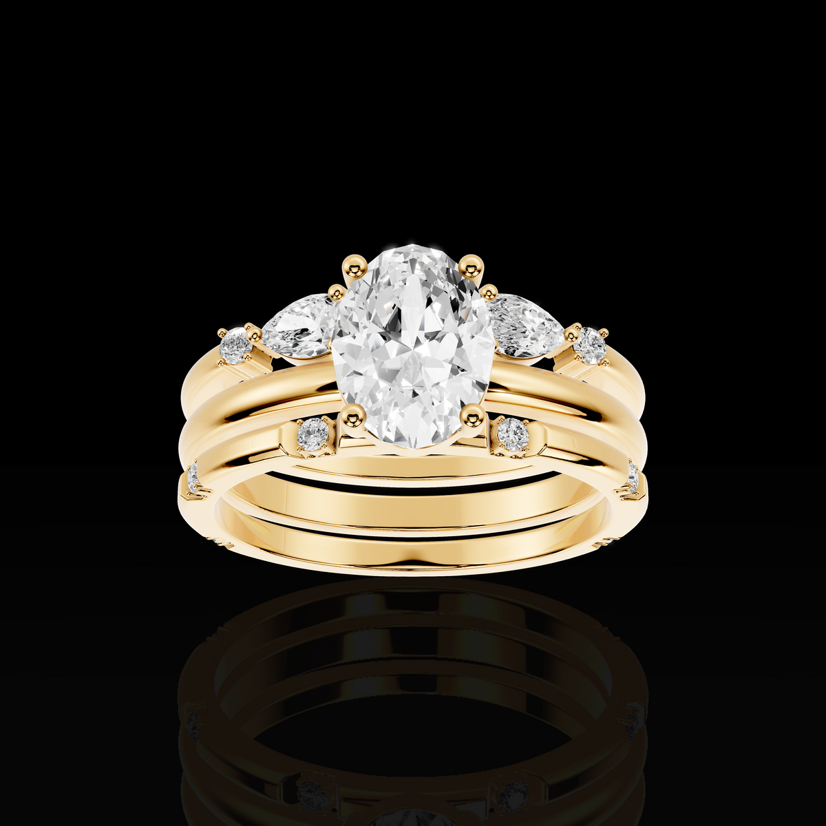 Oval Cut Engagement Ring Set, Floral Accent Bridal Ring, Three Piece Wedding Ring Set