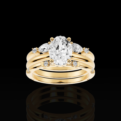 Oval Cut Engagement Ring Set, Floral Accent Bridal Ring, Three Piece Wedding Ring Set