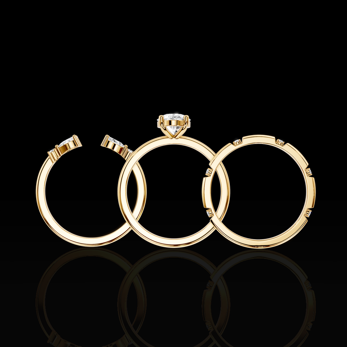 Oval Cut Engagement Ring Set, Floral Accent Bridal Ring, Three Piece Wedding Ring Set