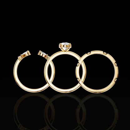 Oval Cut Engagement Ring Set, Floral Accent Bridal Ring, Three Piece Wedding Ring Set