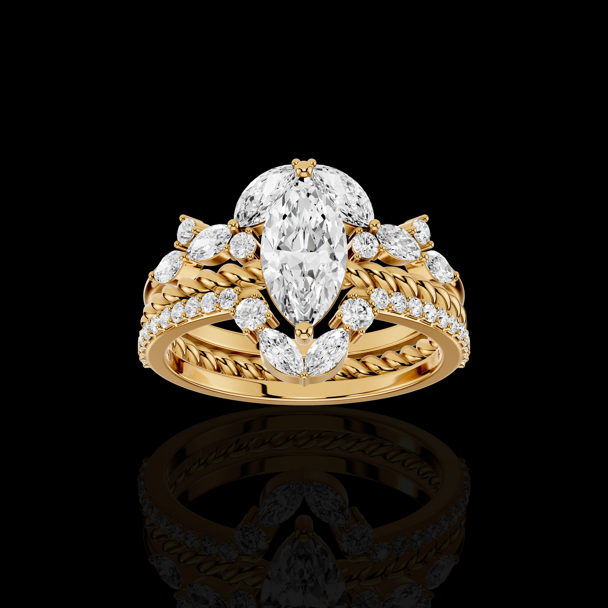 Marquise Diamond Ring, Twisted Band Ring, Floral Accent Stone Ring, Elegant Luxury Statement Jewelry