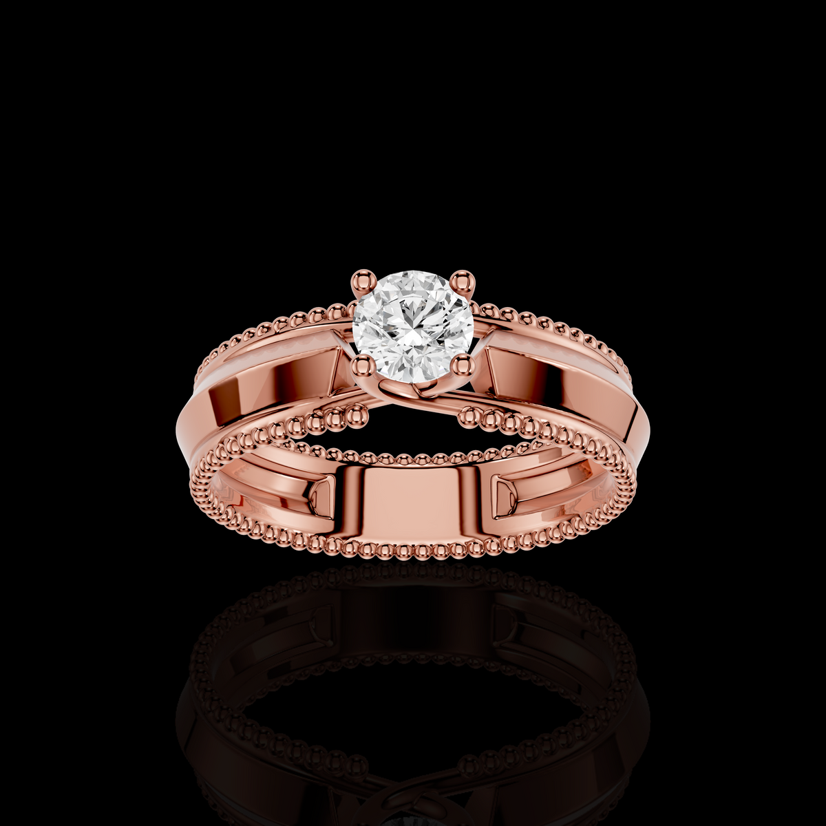 Classic Solitaire Ring with Intricate Beaded Band