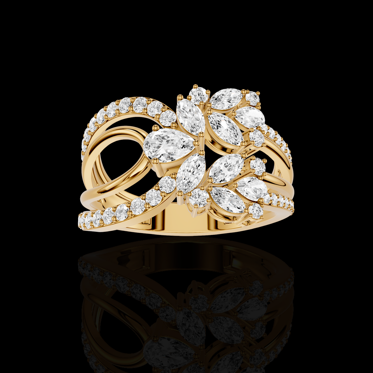 Floral Marquise Diamond Ring, Leaf Cluster Statement Ring, Pave Split Band Ring, Elegant Bridal Jewelry