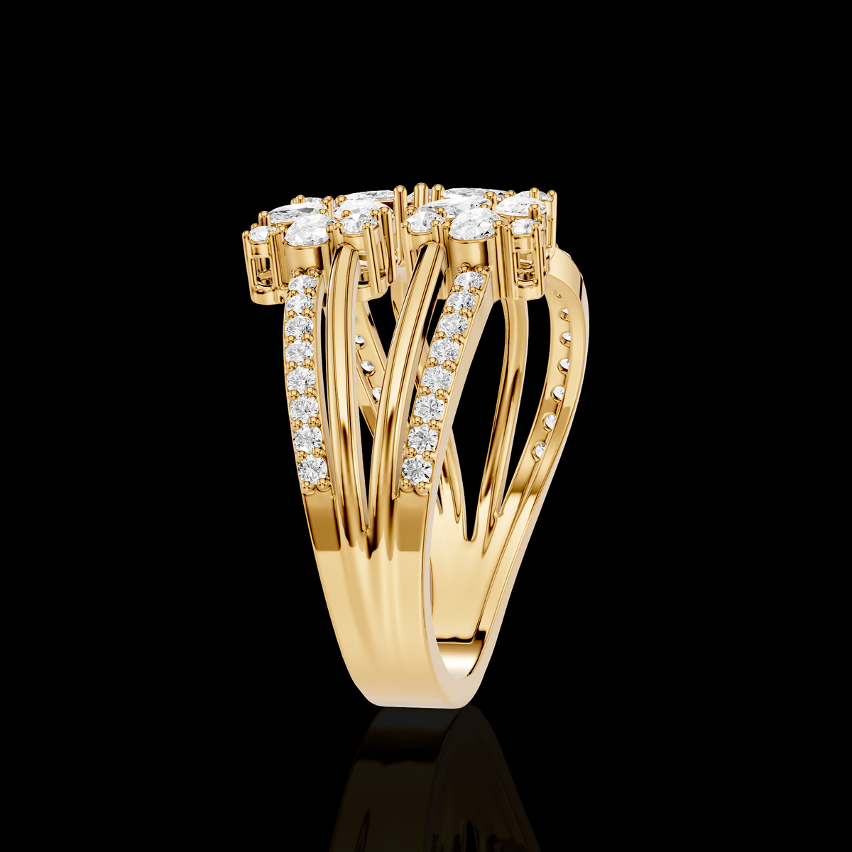 Floral Marquise Diamond Ring, Leaf Cluster Statement Ring, Pave Split Band Ring, Elegant Bridal Jewelry
