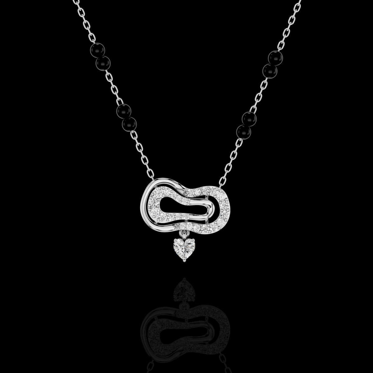 Modern Diamond Heart Mangalsutra Necklace with Black Beads, Elegant Indian Bridal Jewelry