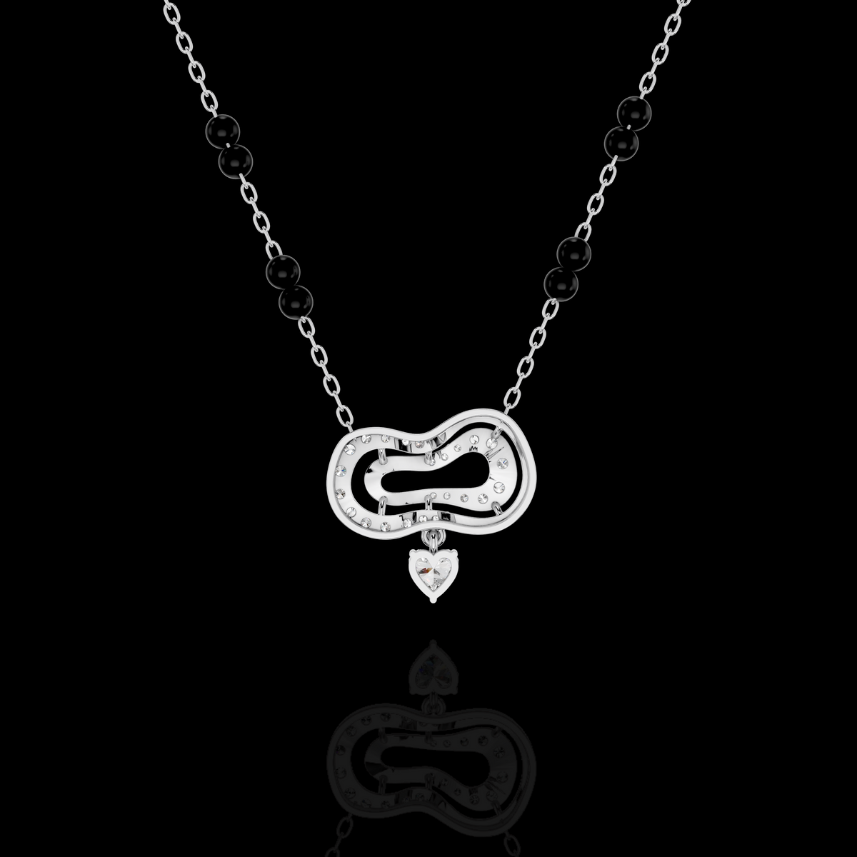 Modern Diamond Heart Mangalsutra Necklace with Black Beads, Elegant Indian Bridal Jewelry