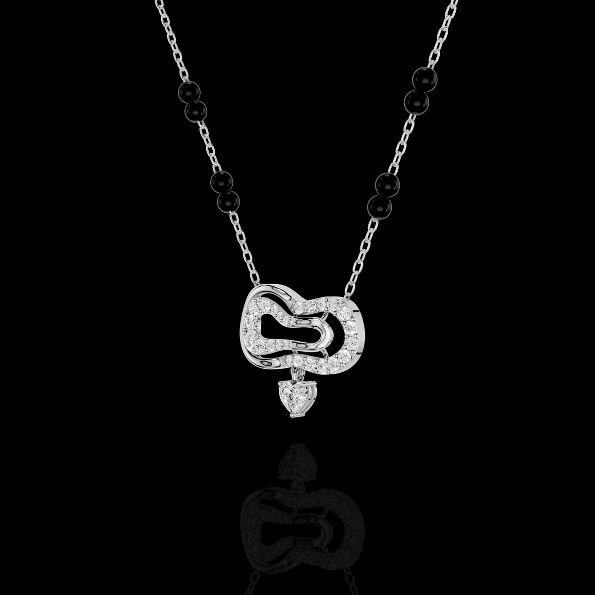 Modern Diamond Heart Mangalsutra Necklace with Black Beads, Elegant Indian Bridal Jewelry
