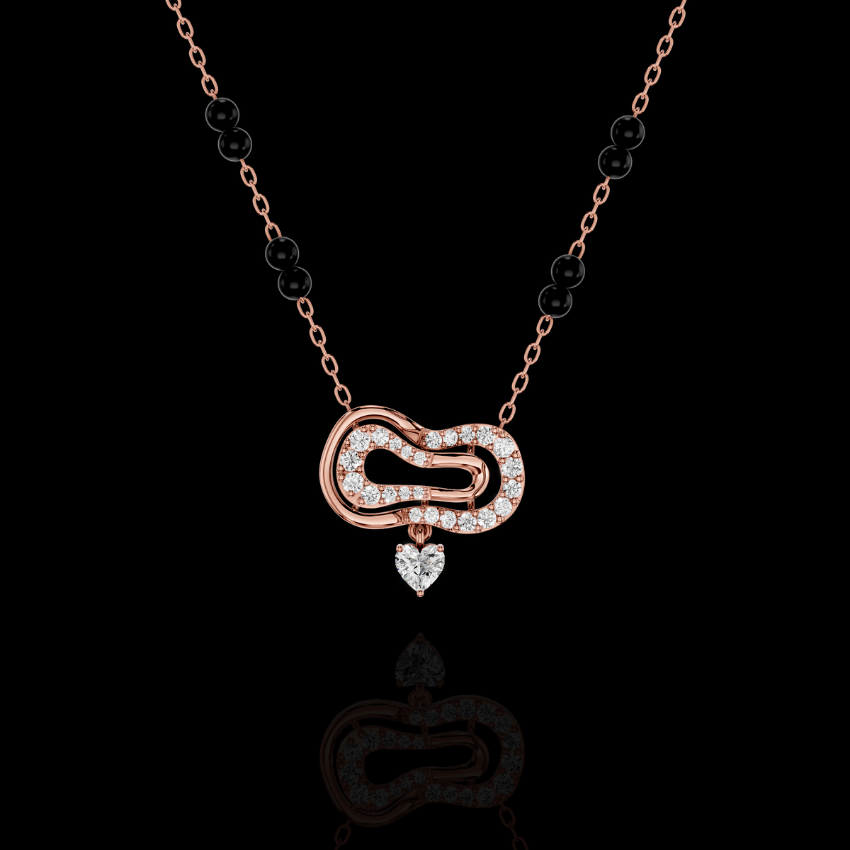 Modern Diamond Heart Mangalsutra Necklace with Black Beads, Elegant Indian Bridal Jewelry