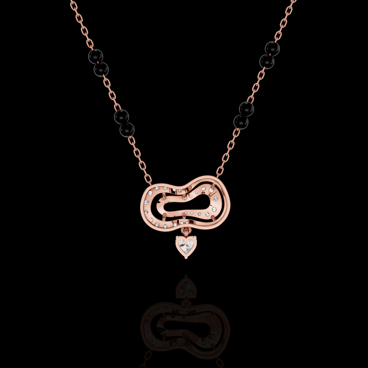 Modern Diamond Heart Mangalsutra Necklace with Black Beads, Elegant Indian Bridal Jewelry