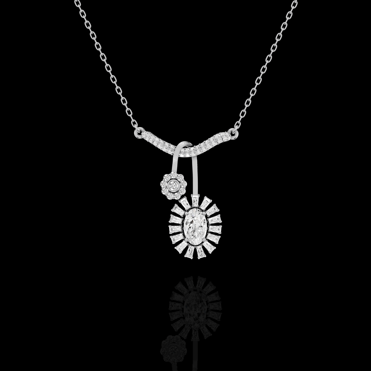 Marquise Diamond Sunburst Pendant Necklace with Floral Accent | Matisha Jewels