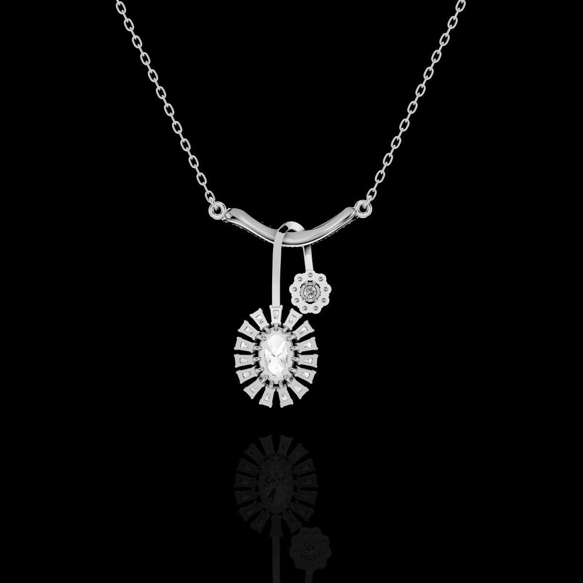 Marquise Diamond Sunburst Pendant Necklace with Floral Accent | Matisha Jewels