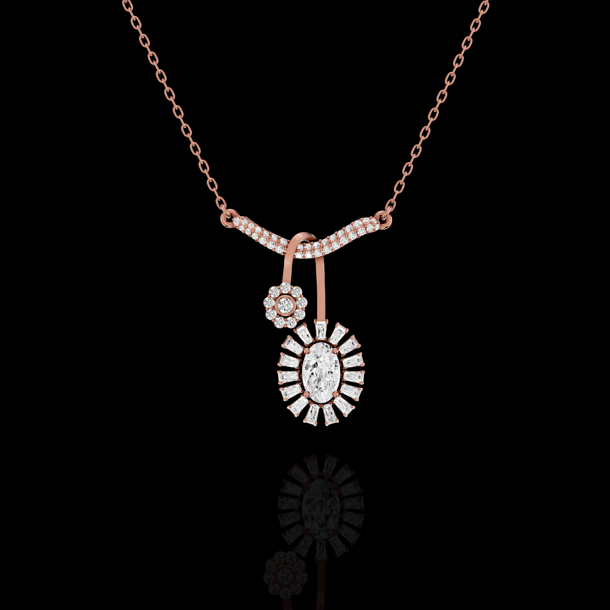 Marquise Diamond Sunburst Pendant Necklace with Floral Accent | Matisha Jewels