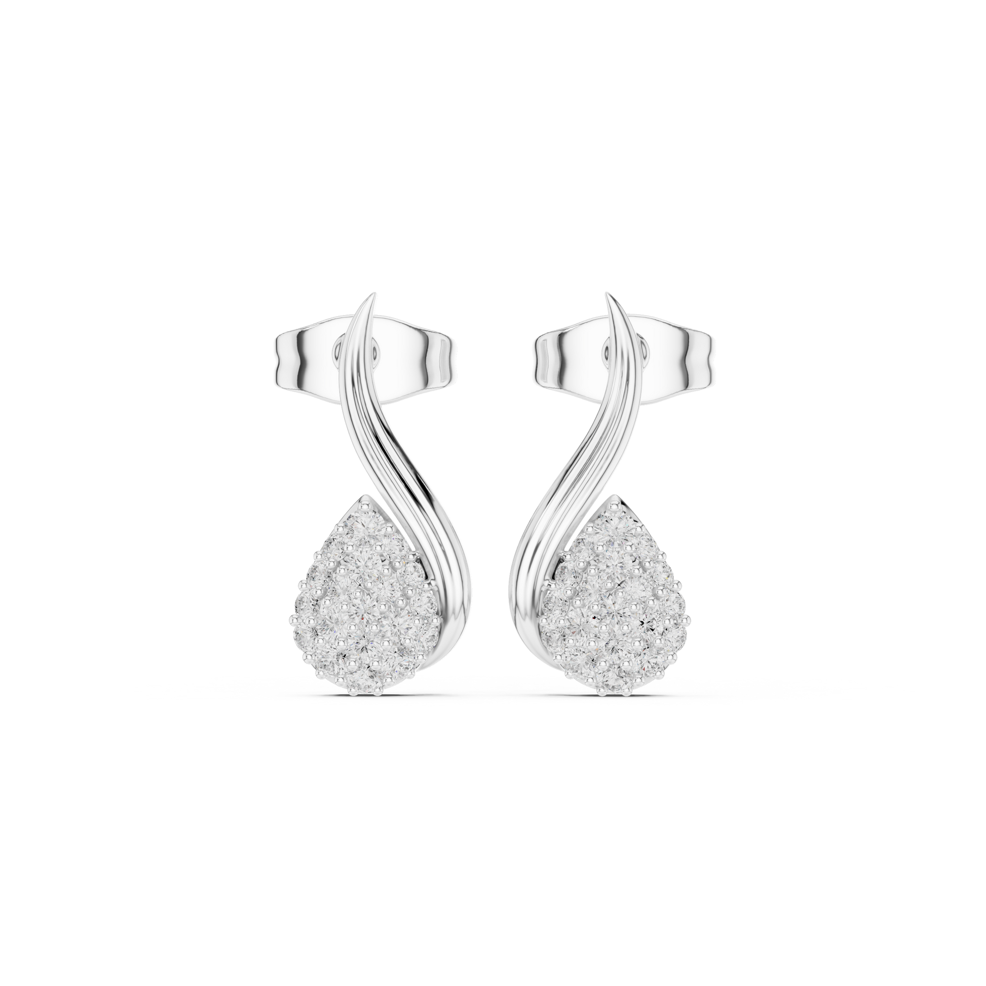 Silver earrings with teardrop-shaped gemstones on a white background