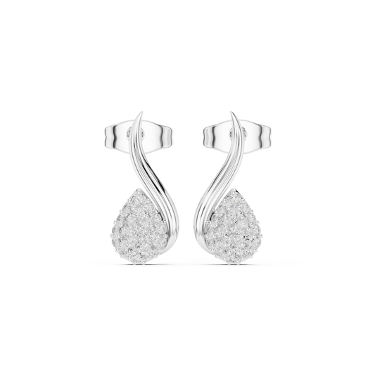 Silver earrings with teardrop-shaped gemstones on a white background