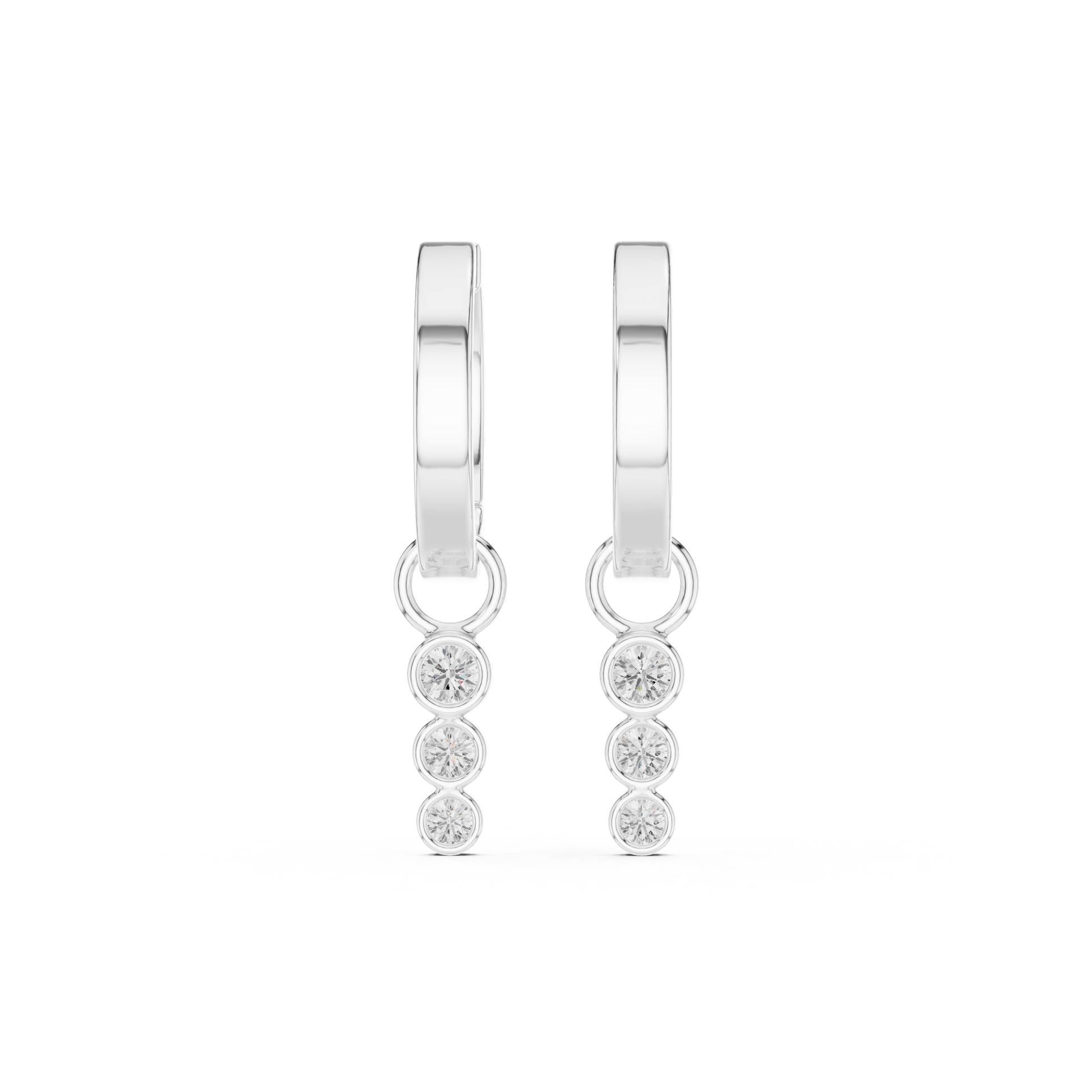 White gold huggie hoop earrings featuring a bezel-set three-diamond drop with round brilliant lab-grown diamonds