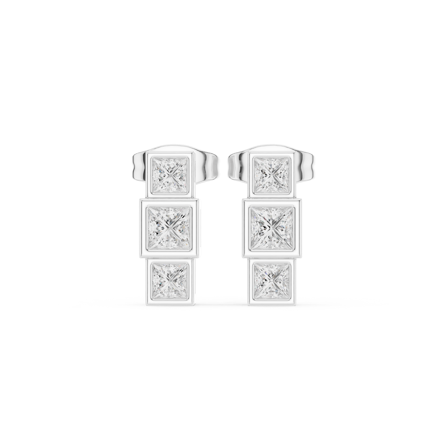 Princess-cut diamond stud earrings featuring square brilliant diamonds in a polished metal prong setting