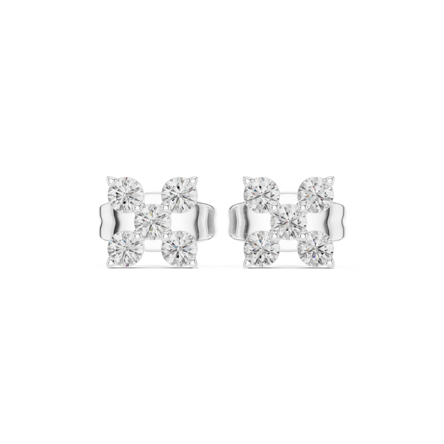 Four square sparkled diamond stud earrings featuring a geometric cluster design with brilliant diamonds in a polished metal setting