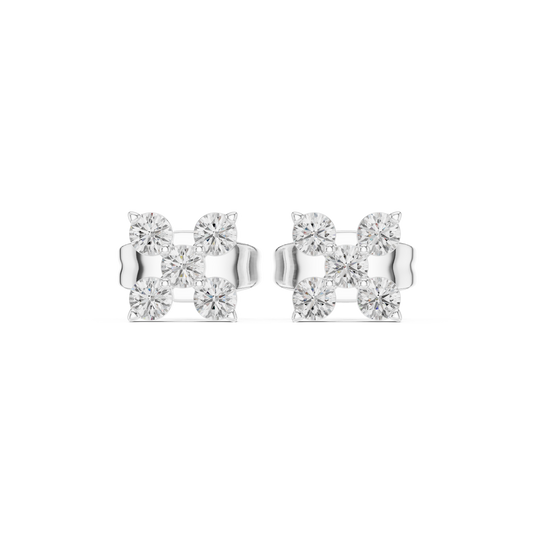 Four square sparkled diamond stud earrings featuring a geometric cluster design with brilliant diamonds in a polished metal setting