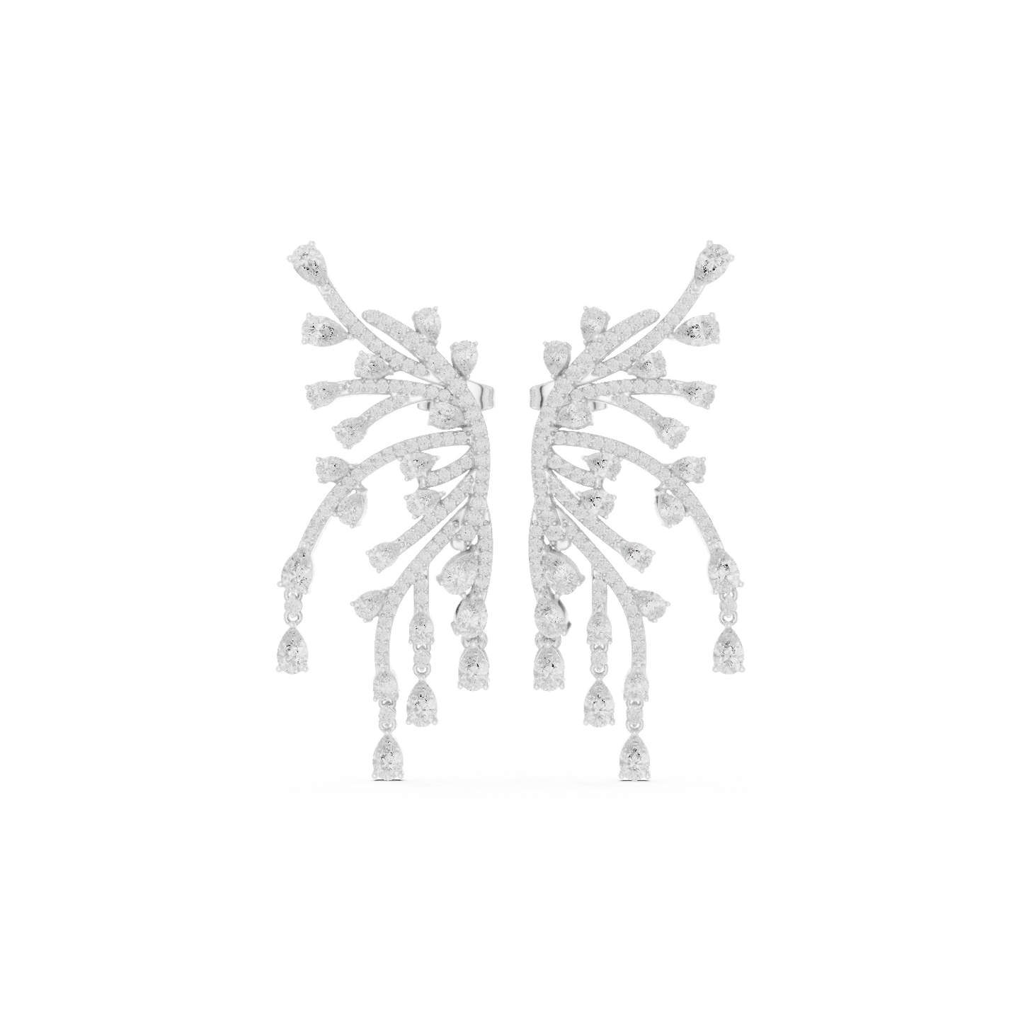 White diamond wing-shaped ear climber earrings featuring sparkling diamonds along a polished metal wing design