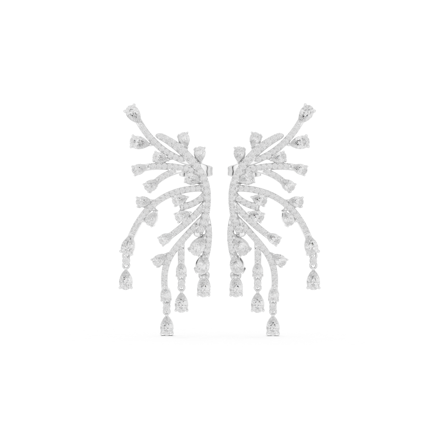 White diamond wing-shaped ear climber earrings featuring sparkling diamonds along a polished metal wing design