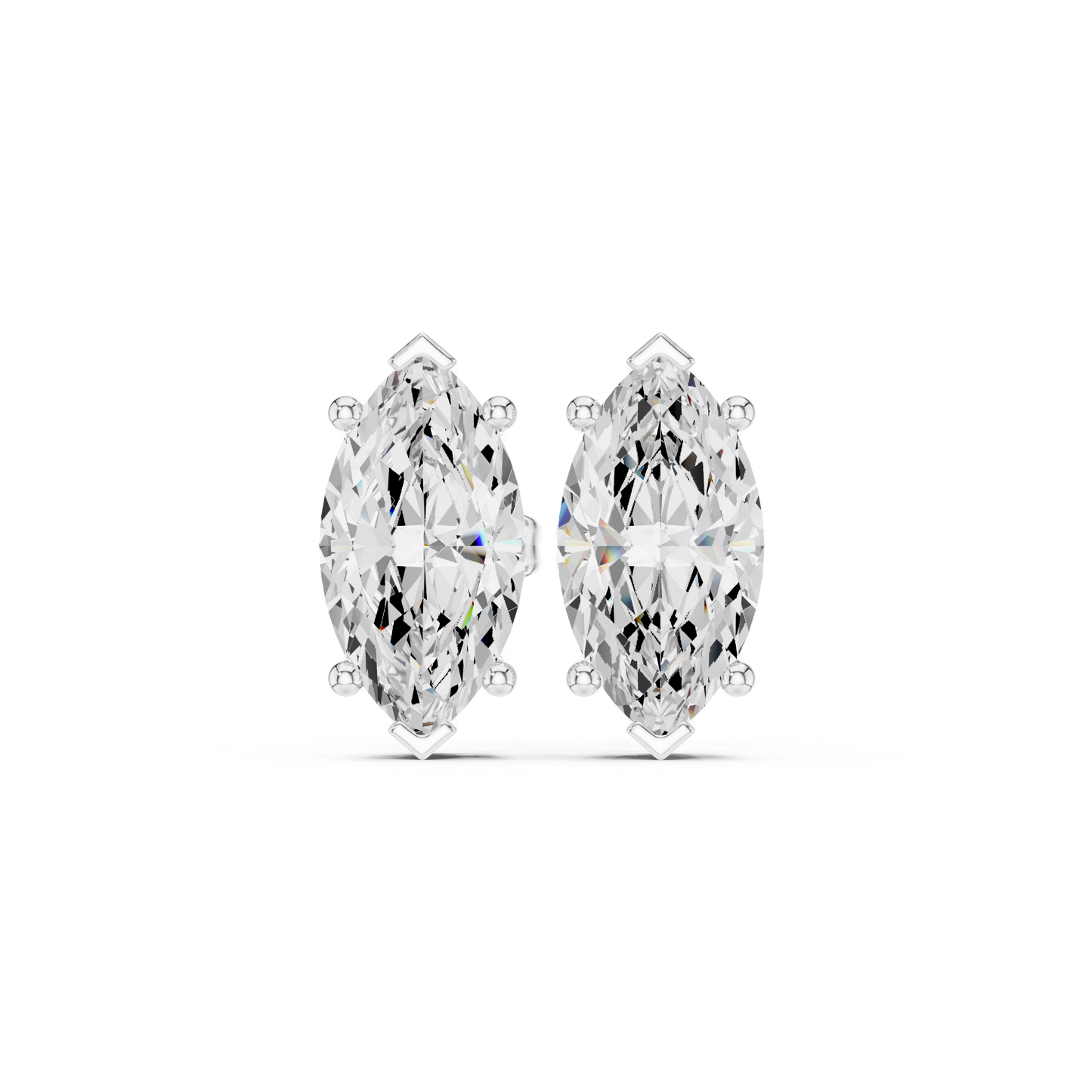 Marquise-cut diamond solitaire stud earrings set in a polished precious metal prong setting