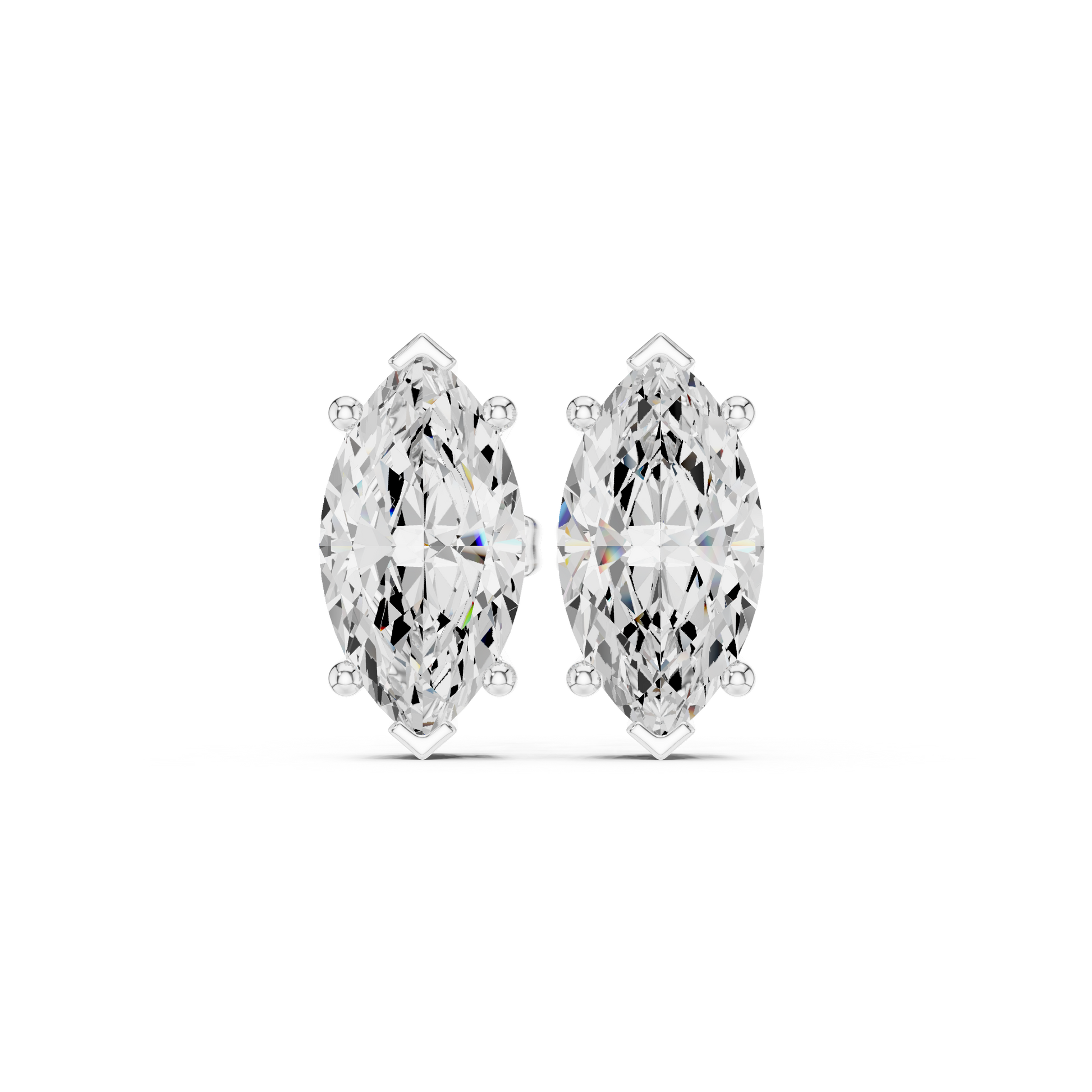 Marquise-cut diamond solitaire stud earrings set in a polished precious metal prong setting