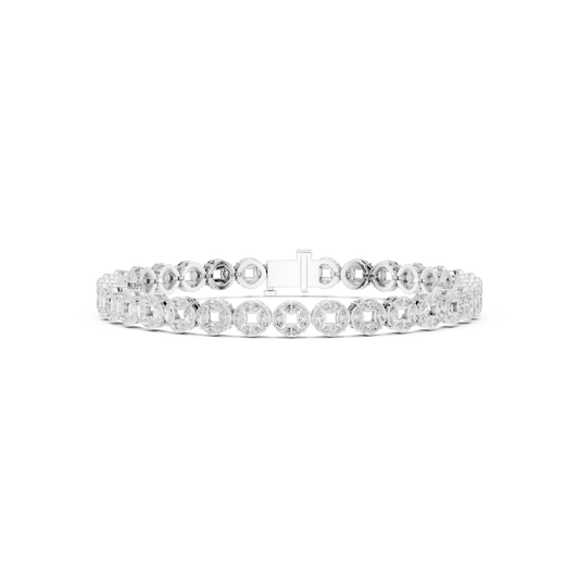 Bracelet featuring white or clear stones in a design inspired by traditional Chinese coins